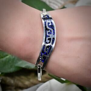 Vintage Mexican 925 Sterling Silver Lapis Lazuli Inlay Greek Key Bangle 16g 7"